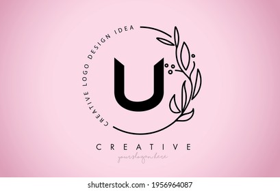 U Letter Floral Logo Design with Creative Elegant Leaf Monogram Branch Line Vector and Pink Black Colors Illustration.