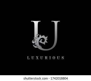 U Letter Floral logo. Vintage silver majestic letter stamp for book design, weeding card, label, business card, Restaurant, Boutique, Hotel. 