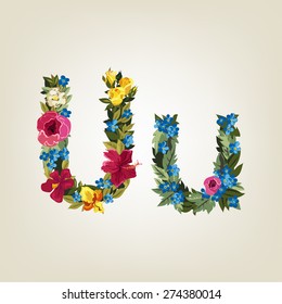 U letter. Flower capital alphabet. Colorful font. Uppercase and Lowercase. Vector illustration.