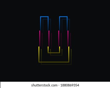 Tipo de letra U, logotipo de diseño vectorial. Dinámico, de dos colores, azul, rosa, amarillo sobre fondo negro. Ilustración Eps10
