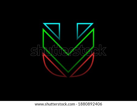 U letter font, vector design logo. Dynamic, rgb split-color, red, green, blue on black background. Eps10 illustration