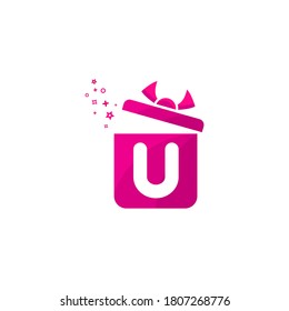 u letra caja regalo Modelo de vectores de diseño de logotipo.Plantilla de regalo de logotipo. Letra u en la caja por regalo. El diseño conceptual presenta emblemas y señales. Icono de caja de regalo color rosa.u logotipo de caja de regalo