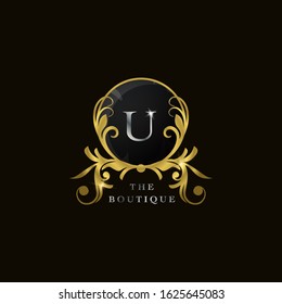 U Letter Golden Circle Shield Luxury  Boutique  Logo, vector design concept  for initial, luxury business, hotel, wedding service, boutique, decoration and more brands.