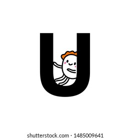 U letter hand drawn cartoon illustration with cute cartoon comic man smiling kawaii