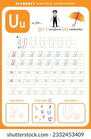 Hoja de trabajo de práctica de escritura a mano de letras U. Hoja de cálculo de seguimiento de letras de alfabeto para niños con juegos e ilustraciones brillantes. Página Aprendiendo actividad alfabética. Plantilla imprimible.