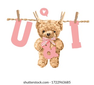 u and i letter hanging with bear toy illustration