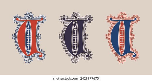 U letter illuminated gothic monogram with naturalistic flowers ornament. German drop cap. Dark age decorative logo. Classic medieval red and blue Latin initials font based on XIV century manuscript.