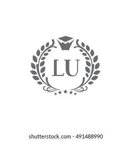 U letter and L letter education vector logo design template.  Typographic  monogram. School cap and crown illustration. University, academy, college and school emblems, labels, badges. 