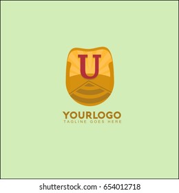 U letter landscape vector illustration with mountain, sun and road. Vintage brand identity.