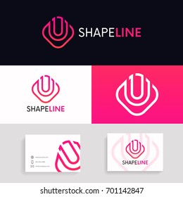 U letter linear logo rhombus icon sign with business card vector design.
