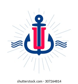 U letter logo. Anchor and rope vector vintage label, logo, icon design template element. This badge can be used as trademark or a print on fabric.