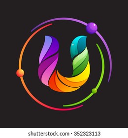 U letter logo with atomic or space orbits. Abstract trendy multicolored vector design template elements for your application or corporate identity.