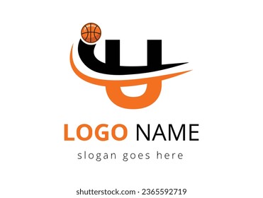 U Letter Logo With Basketball Ball. Sports Symbol Vector Template Design