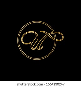 U letter logo with black background.Gold letter logo.This is gold script letter design.