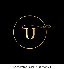 U letter logo with black background.This is a golden frame letter logo.U letter icon.
