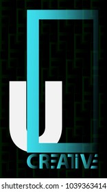 U Letter logo bold with blue rectangle isolated on black texture background.