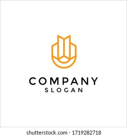 Edificio del logotipo de la letra U. La combinación del símbolo U con la fachada de construcción combinada con líneas estilizadas y modernas. editable y fácil de personalizar