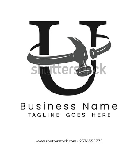 U Letter logo construction vector for woodworking company. Alphabet U hammer template illustration
