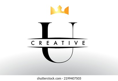 U Letter Logo with Creative Crown Design Icon and Golden Colors Vector Illustration