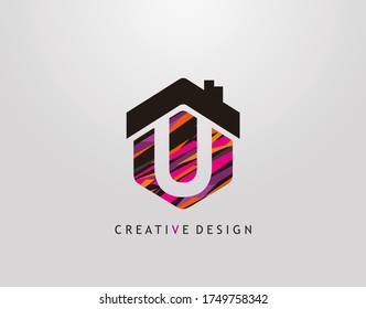 U Letter Logo. Creative hexagon house strip shape with negative space of letter U, Home Studio Icon Design.