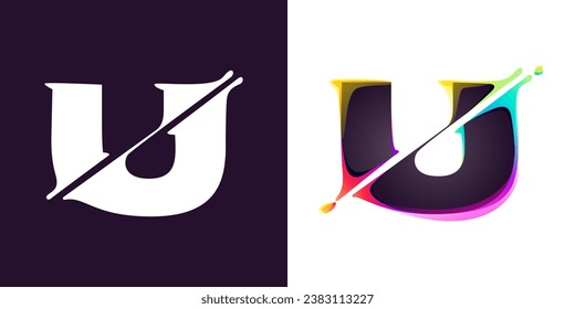 U letter logo letter with cyber distortion, color shift effect. Double exposure font. Neon glitch illusion icon. Colorful type for futuristic tech heading, music poster, vibrant sale banner.