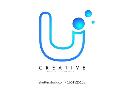U Letter Logo Design mit 3D- und Multifunktionseffekt und Punkten. Farbiger, abgerundeter Brief mit blauem Farbverlauf.
