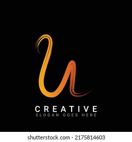 U Letter logo design in brush stroke. Abstract glossy colorful logotype vector design template in black background