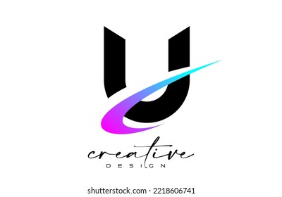 U Letter Logo Design with Creative Purple Blue Swoosh. Letter u Initial icon with curved shape vector illustration.