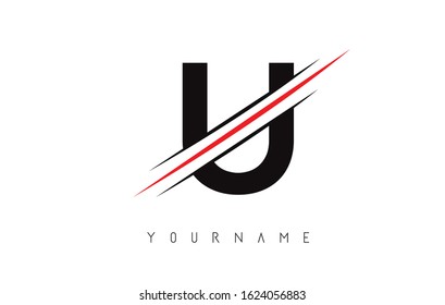 U Letter Logo Design cutted in the middle with a red line and with sharp edges.  Creative logo design. Fashion icon design template.