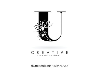 U letter logo design with elegant and abstract flowers vector illustration. Creative icon with letter U.