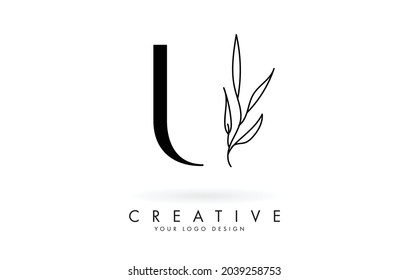 U letter logo design with elegant and slim leaves vector illustration. Creative icon with letter U.