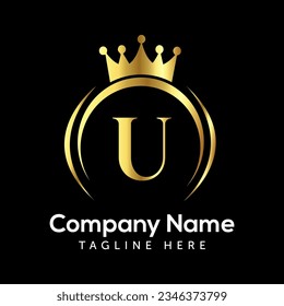 U letter logo design with golden crown vector.