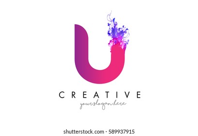 U Letter Logo Design with Ink Cloud Flowing Texture and Purple Colors.