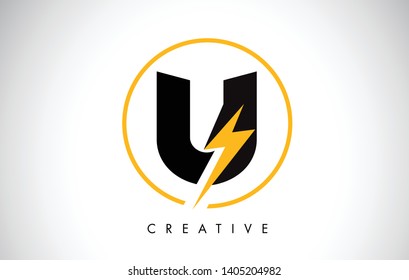 U Letter Logo Design With Lighting Thunder Bolt. Electric Bolt Letter Logo Vector Illustration.