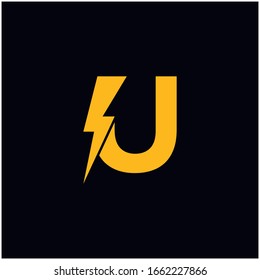 U Letter Logo Design With Lighting Thunder Bolt. Electric Bolt Letter Logo Vector Illustration.