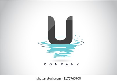 U Letter Logo Design with Water Splash Ripples Drops Reflection Vector Icon Illustration.