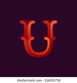 U letter logo in elegant retro faceted style. Red font. Vintage vector typeface for labels, headlines, posters, cards etc.