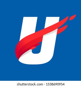 U letter logo with fast speed red bird wing. Typeface, vector design template elements for sport team, shipping, travel etc.