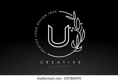 U Letter Logo with Floral Monogram Line Design and Circular Shape Vector. Elegant Leaf Botanical Design in Black and White Colors.