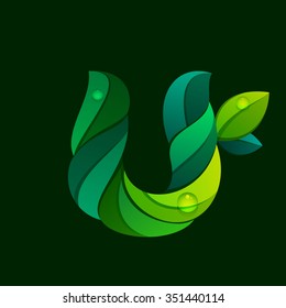 U letter logo formed by green leaves. Font style, vector design template elements for your application or corporate identity.