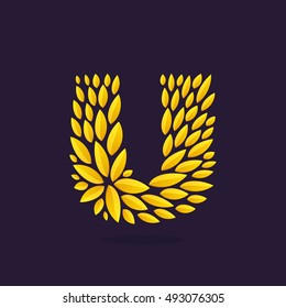 U letter logo formed by gold leaves. Vintage award laurel wreath. Vector triumph and success elements for banner, presentation, web page, card, labels or posters.