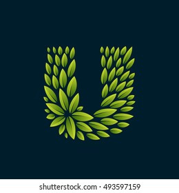 U letter logo formed by fresh green leaves. Vector ecology elements for banner, presentation, card, labels or posters.
