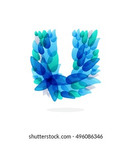 U letter logo formed by blue water splashes. Droplet pattern. Vector ecology elements for posters, t-shirts and cards.