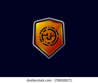 U Letter Logo With Gear Circle Pixel and Modern Shield Design. Security U Icon Protection Design Template.