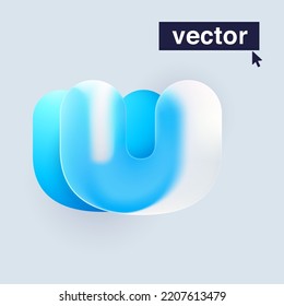 U letter logo in Glass morphism style. Vector blurry translucent icon on white background. Frosted transparent blue and white emblem. Perfect for app, modern design, vibrant advertising.