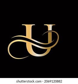 U Letter Logo with Golden Luxury Color and Monogram Design. U Letter Initial Luxurious Logo Template. U Logo Golden Concept