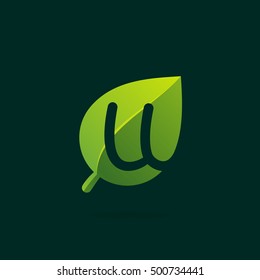 U letter logo in green leaf. Negative space style icon. Vector ecology elements for posters, t-shirts and cards.
