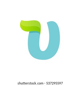 U letter logo with green leaf. Vector script font for your ecology posters, t-shirts, presentation or card. 