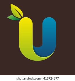 U letter logo with green leaves. Font style, vector design template elements for your eco application or corporate identity.