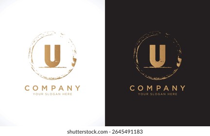 U Letter Logo With Grunge Round Shape. Modern Unique Creative U Logo Design Vector Template. Elegant Identity Design In  Gold Color.